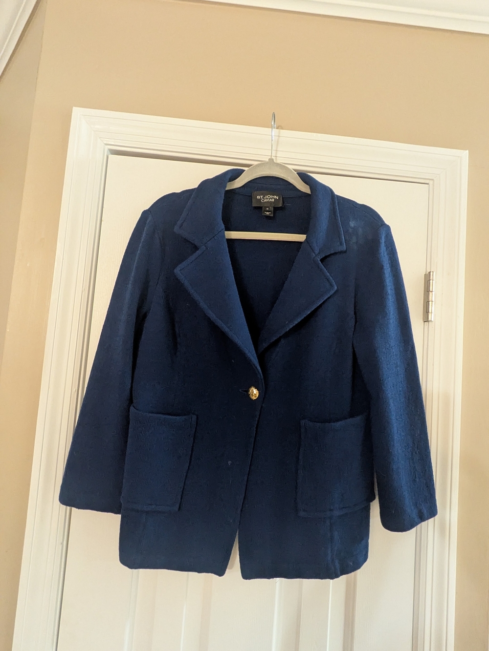 St. John Caviar Navy Knit Blazer with Gold-Tone Button Size 12